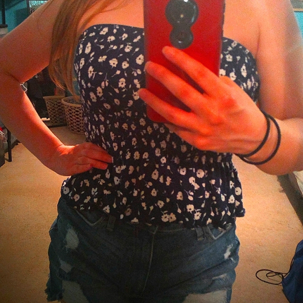 Rue21 Tube Top ✨ Navy Blue with White Flowers Size M